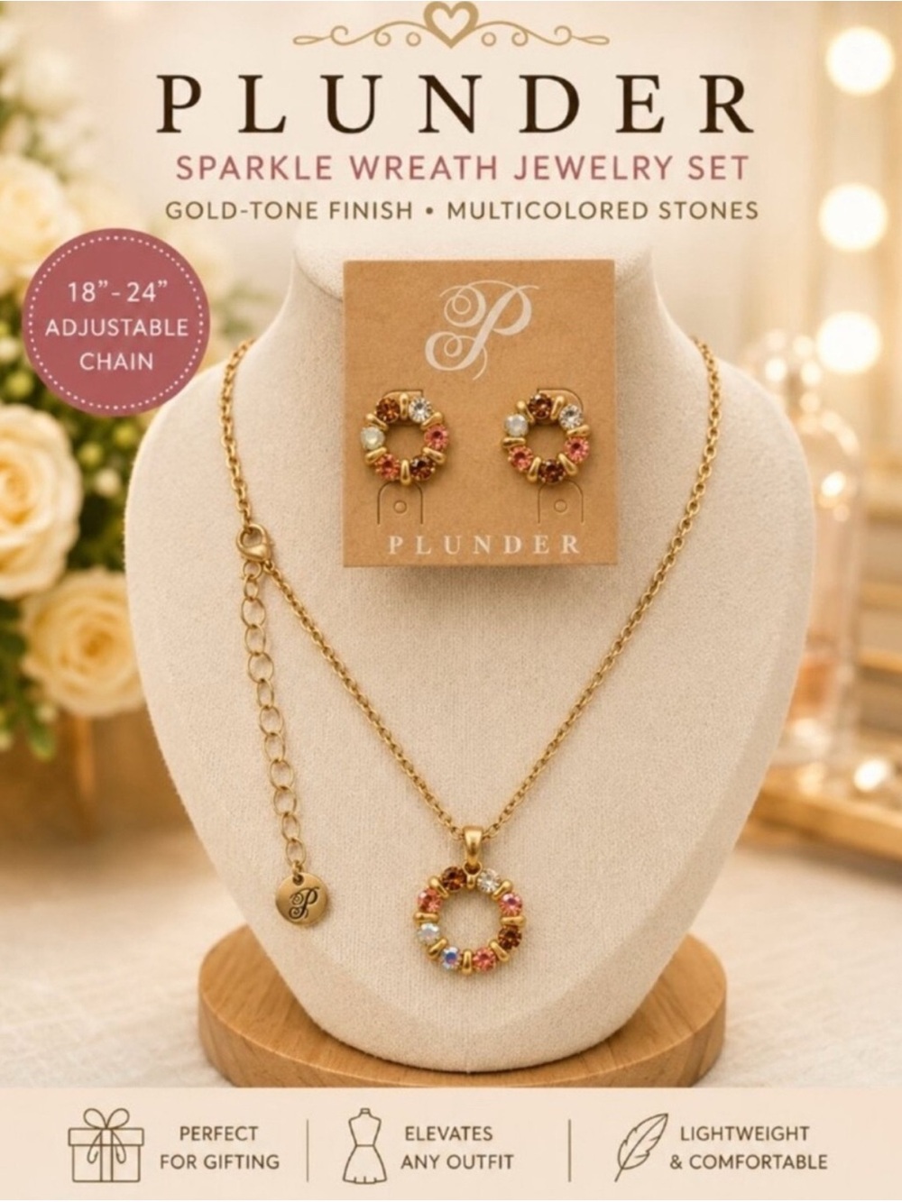 Gold Tone Circle Multicolored Crystals Matching Necklace & Earrings - New